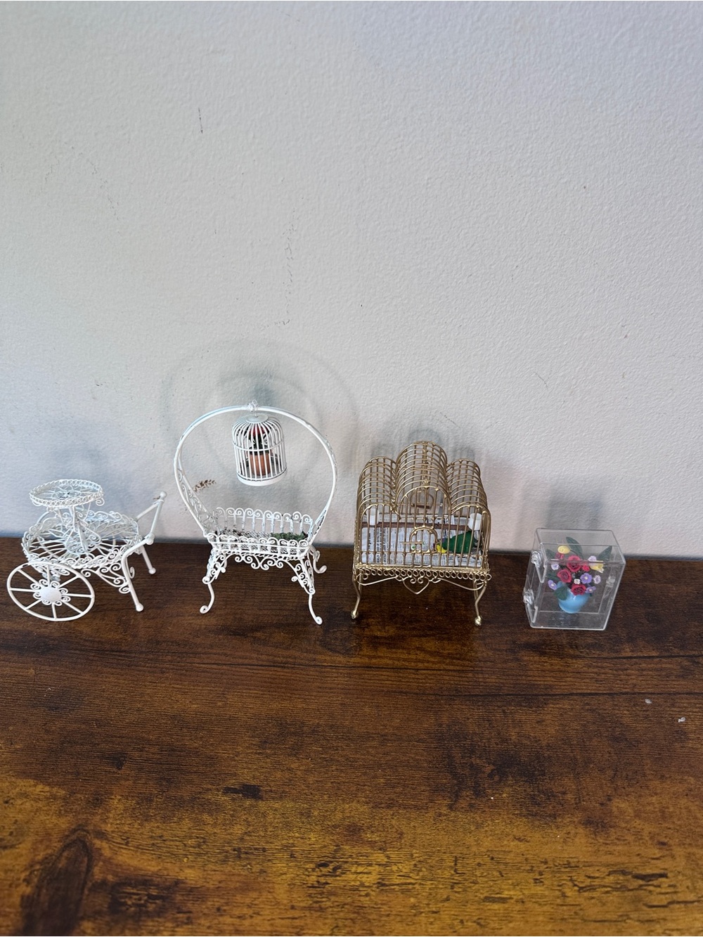 Vintage Dollhouse Miniature Garden Lot Metal Wire Carts Birdcages Flowers 1:12